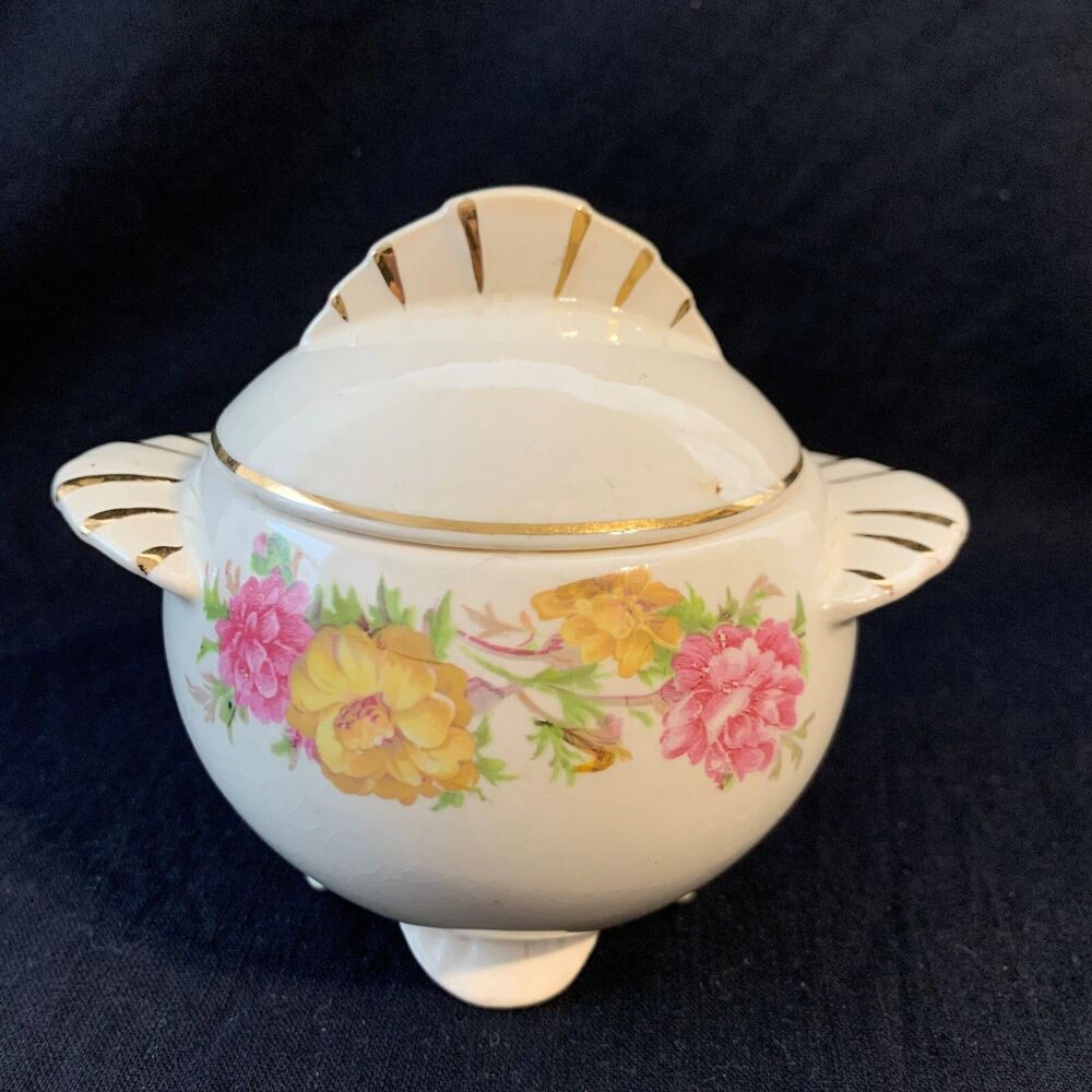 Paden City Pottery Covered Sugar Bowl Floral Cottagecore Country Farmhouse Vtg